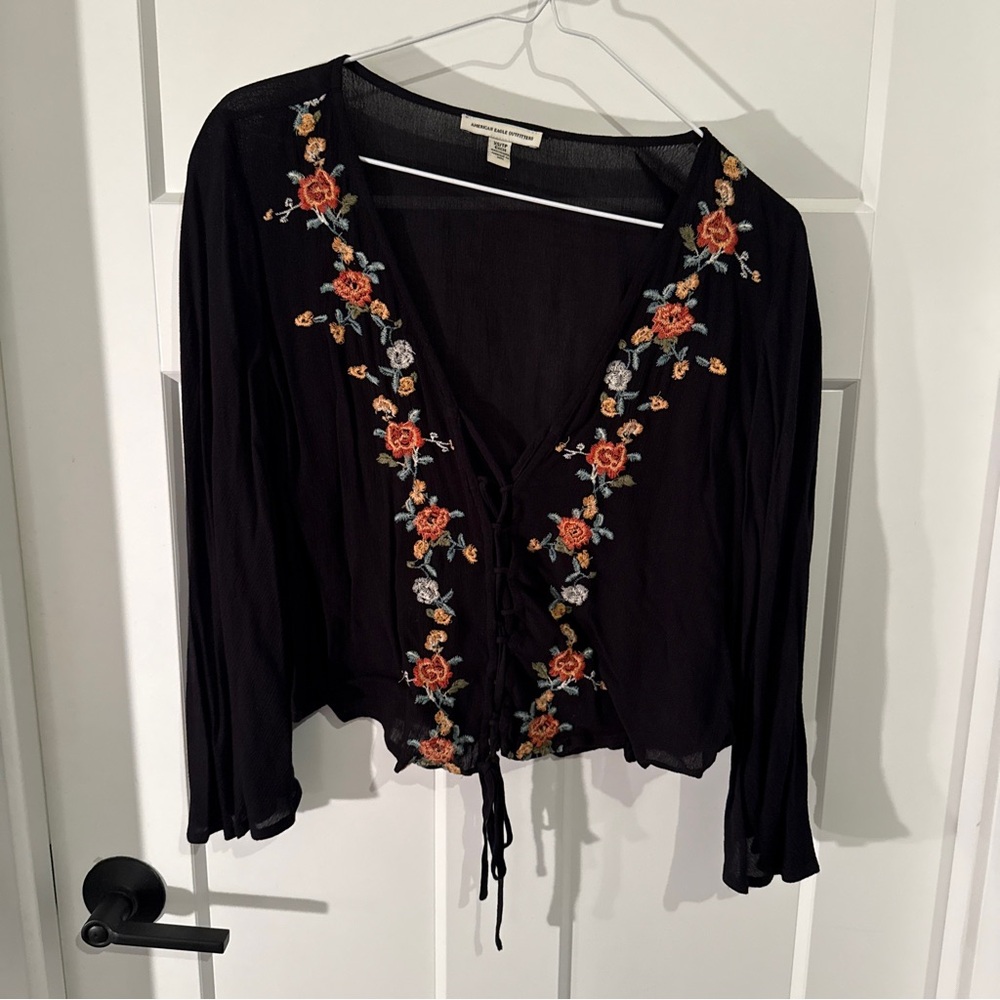 American Eagle Outfitters Black Floral Embroidered Blouse